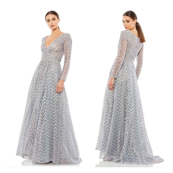 Mac Duggal 20189 NWOT EMBELLISHED ILLUSION LONG SLEEVE WRAP OVER A LINE GOWN - Picture 1 of 6